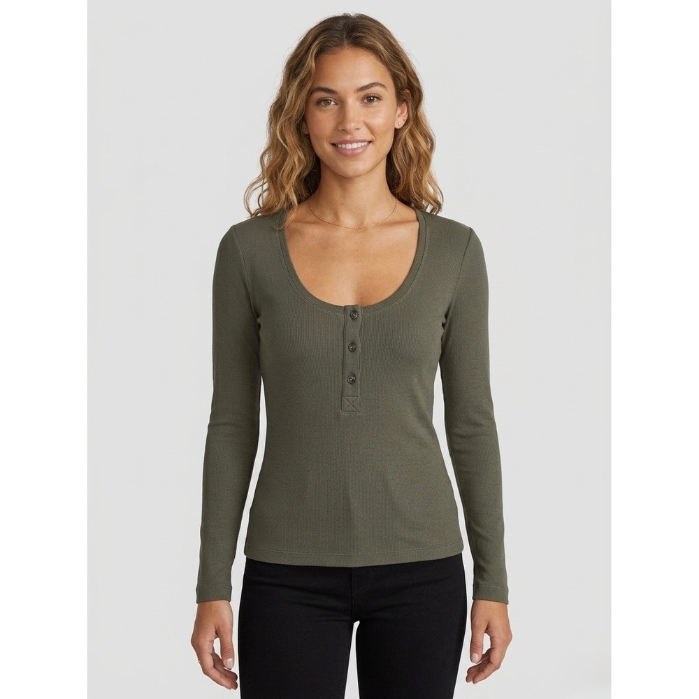 Marine Layer Womens Ribbed Henley Long Sleeve Scoop Neck Top Olive Green Small